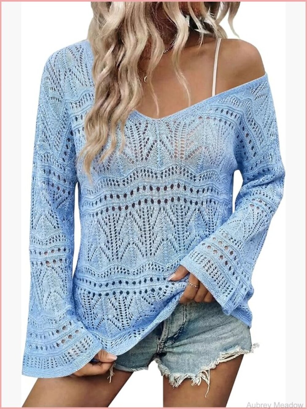 Crochet Off Shoulder Sweater Bell Sleeve Boho V-Neck - Picture 1 of 7